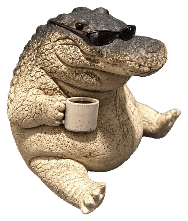 Crocino, a stone crocodile figurine in dark sunglasses, holding a small coffee mug