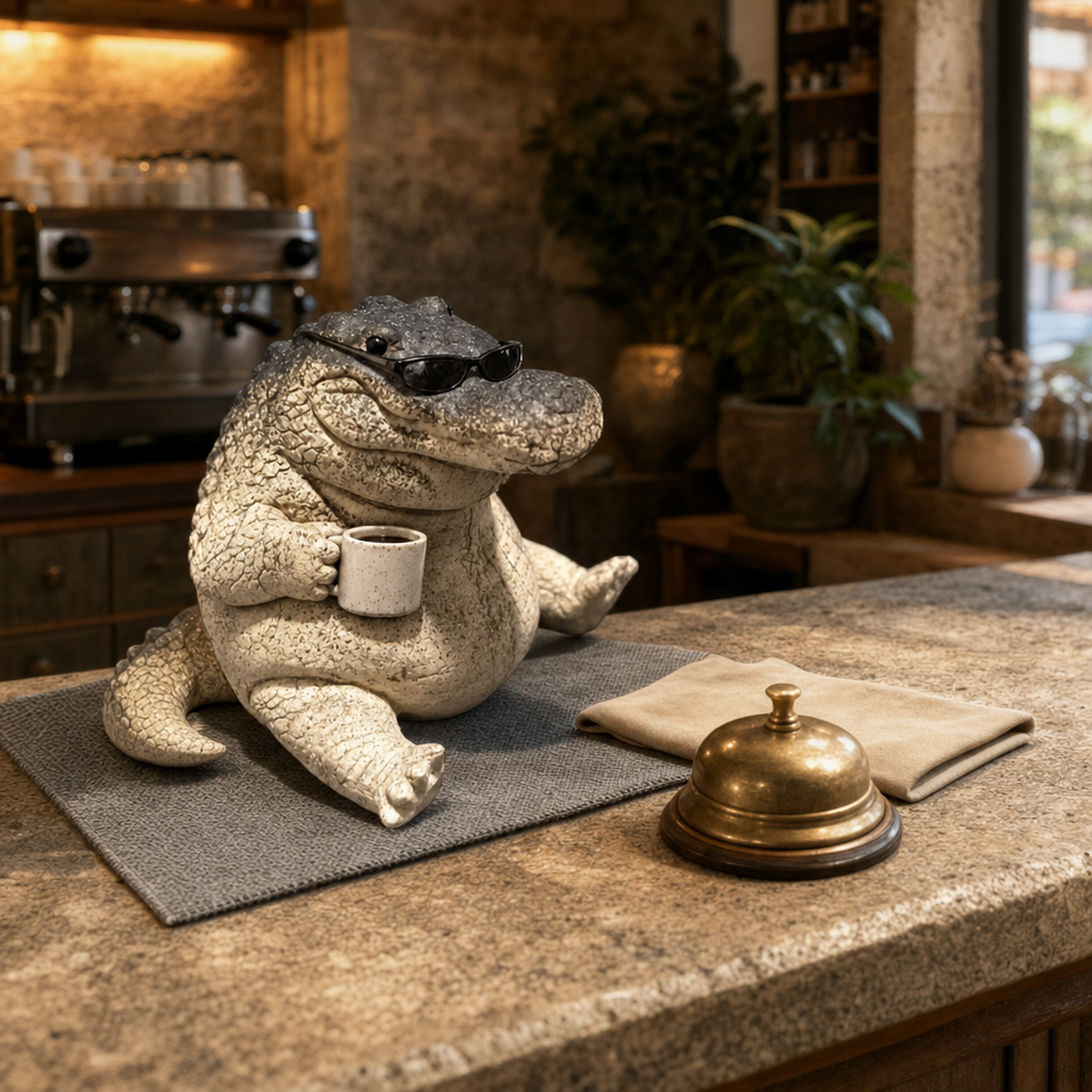 Crocino seated on a café counter with his mug, beside an untouched brass service bell